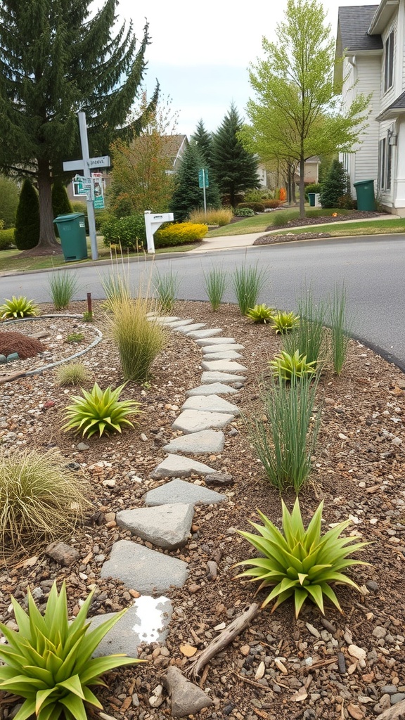 A rain garden with a stone path and various plants, designed for stormwater management.