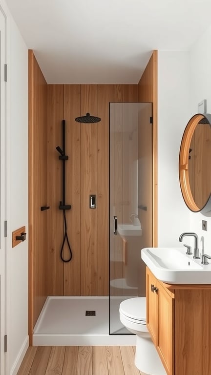 A small Scandinavian-style bathroom featuring warm wood accents, a glass shower, and a round mirror.