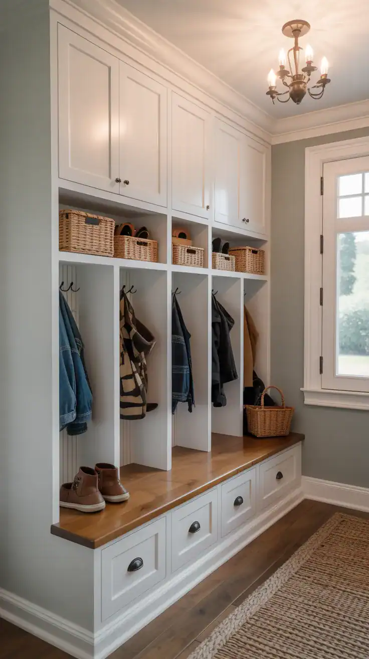 Floor to ceiling mudroom lockers maximizing vertical space with closed upper cabinets and open lower sections