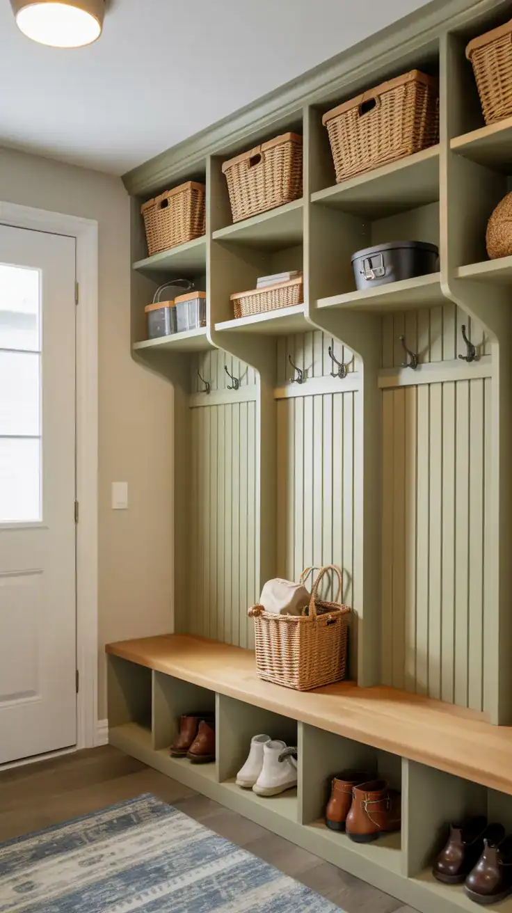 Compact mudroom lockers with open cubbies perfect for small entryways and narrow hallways
