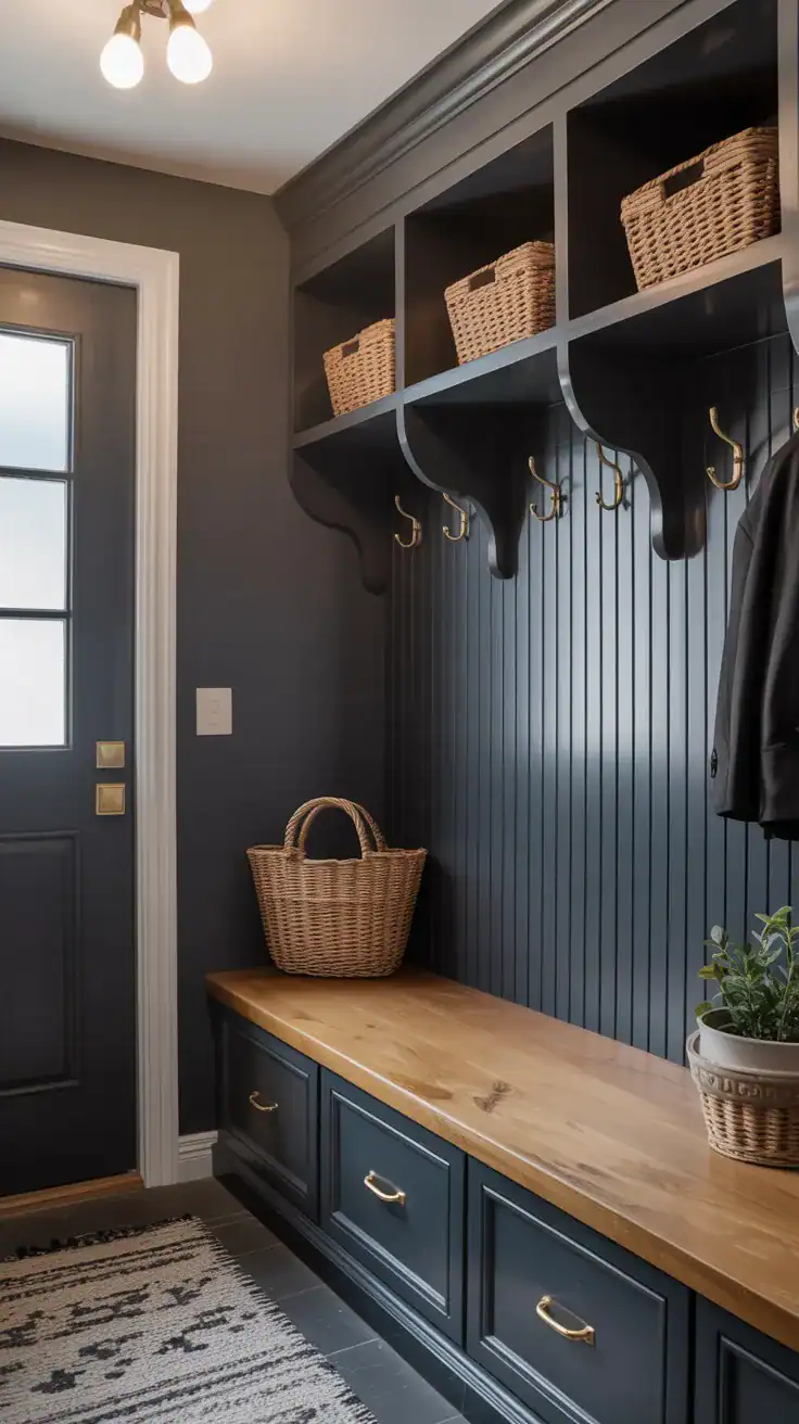 Dark moody mudroom lockers in deep charcoal with brass hooks creating sophisticated entryway design