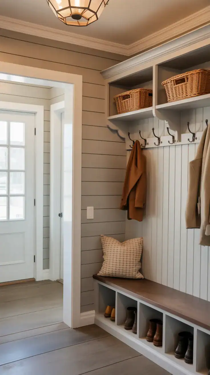 Farmhouse mudroom lockers with shiplap walls wood bench and vintage coat hooks creating warm welcoming entryway