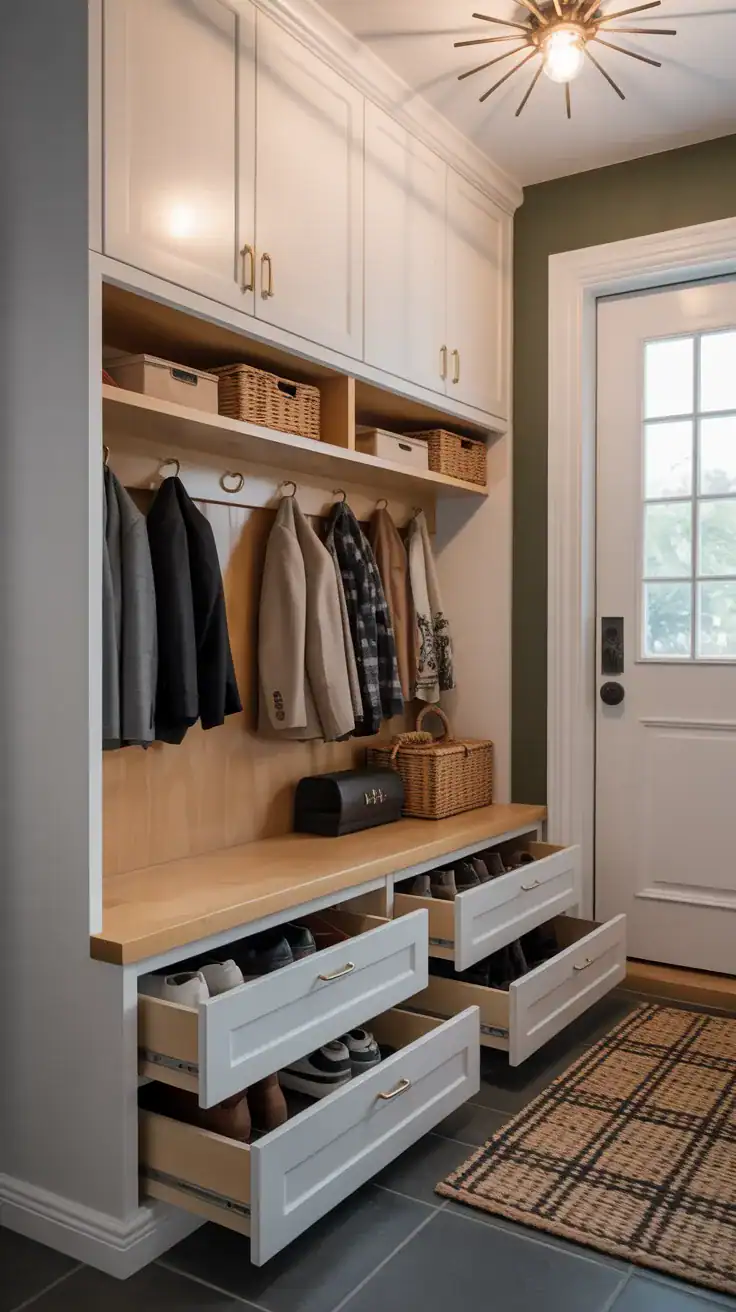 Mudroom lockers with hidden pull out shoe storage drawers keeping entryway clean and clutter free