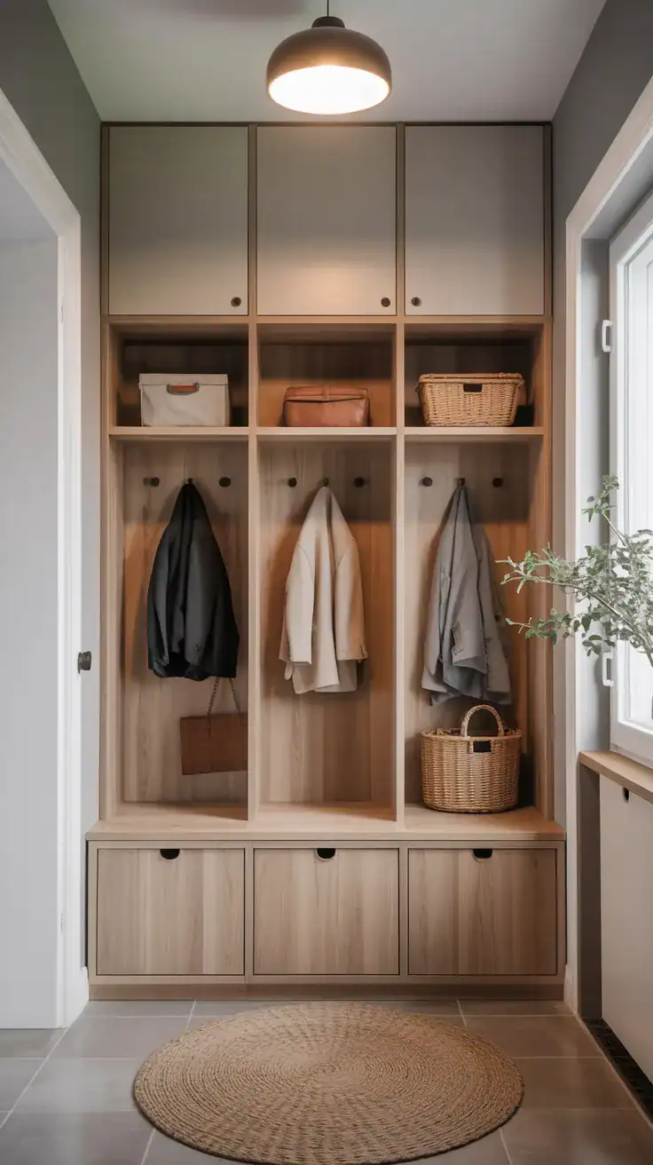 Minimalist Scandinavian mudroom lockers with light oak wood and clean lines creating calm peaceful entryway