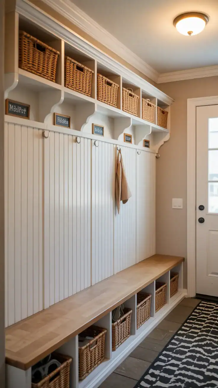 Mudroom lockers with personalized name tags for each family member creating organized functional entryway