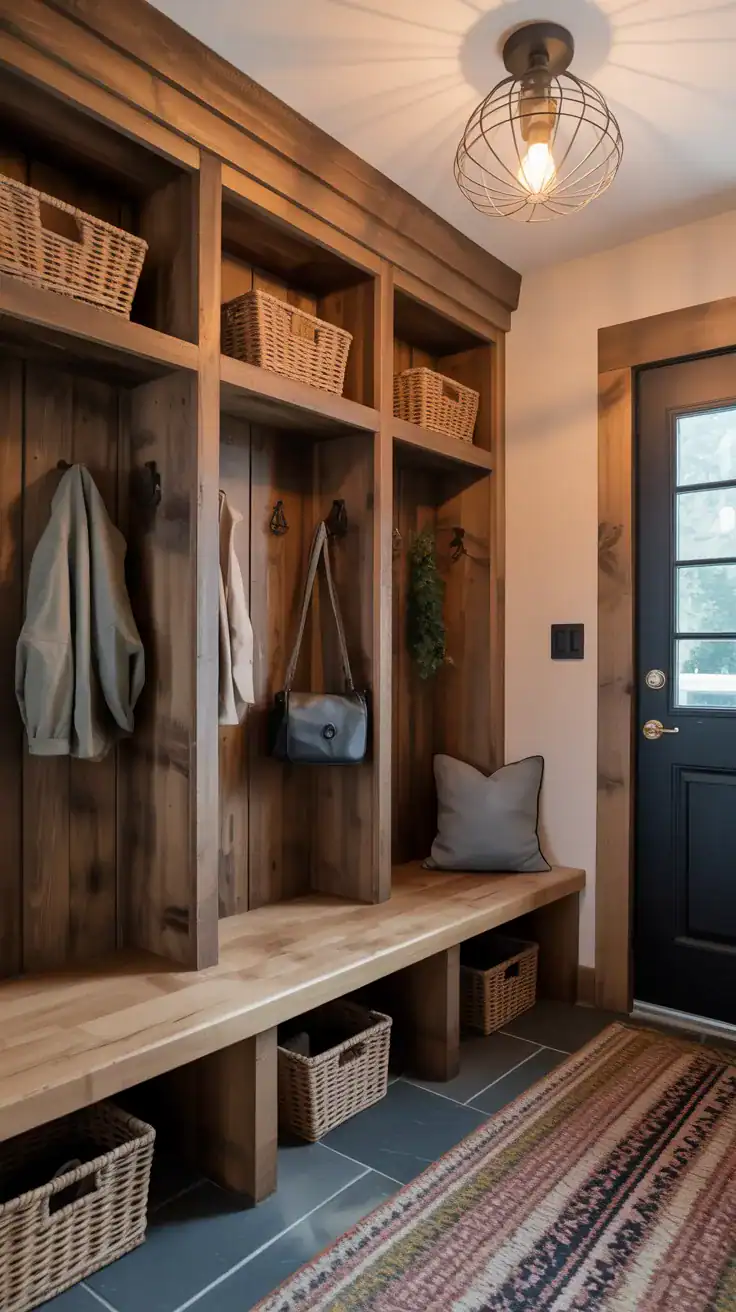 Rustic natural wood mudroom locker wall adding warmth and texture to entryway design