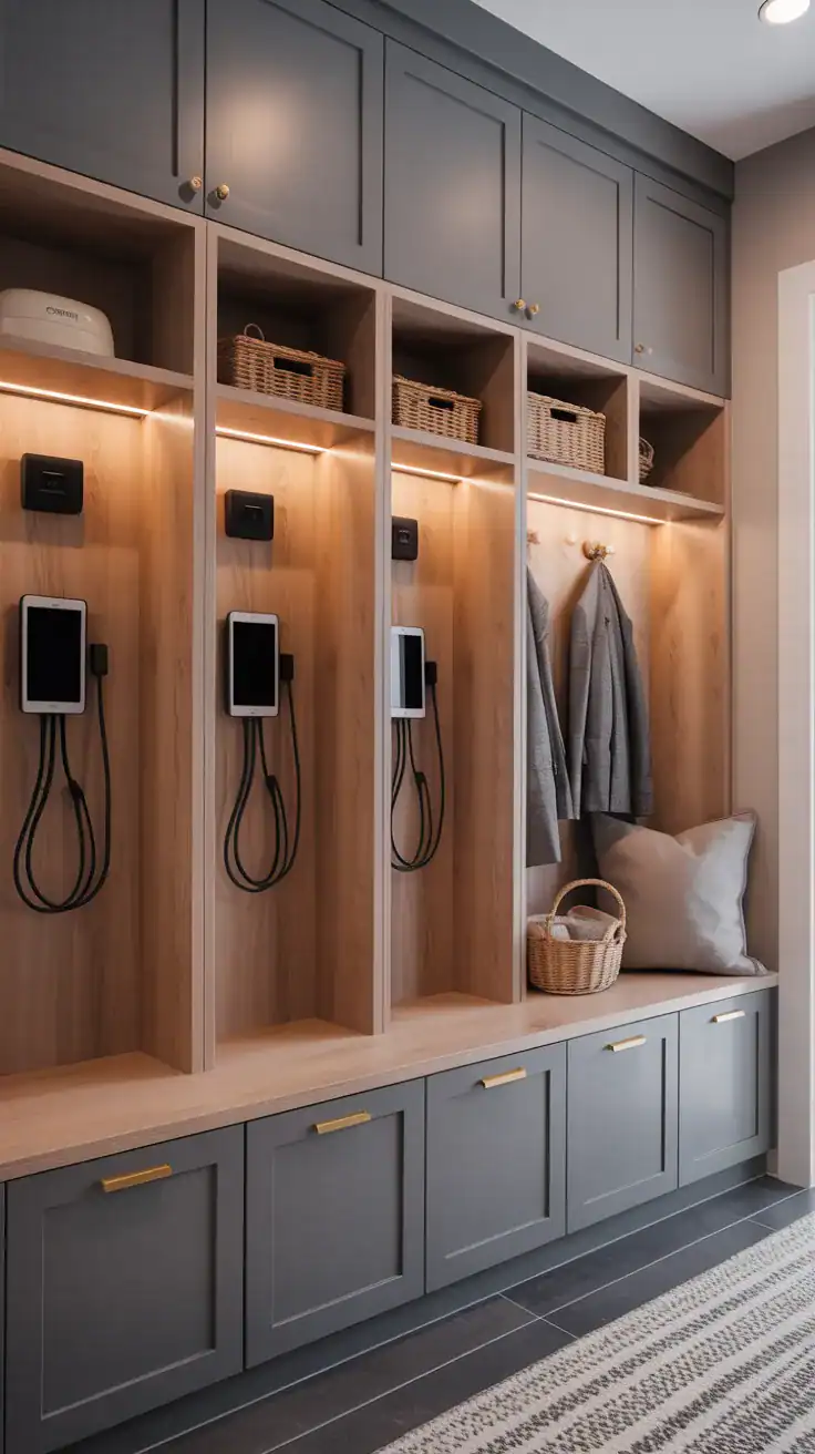 Modern mudroom lockers with built in charging stations and hidden cable management for devices
