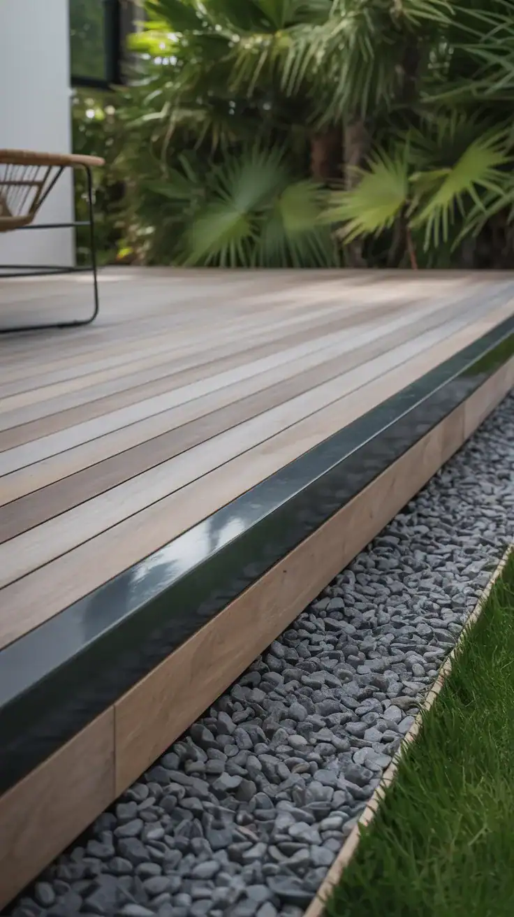 Modern deck with slim black metal edging creating clean architectural lines against wooden decking and gravel border