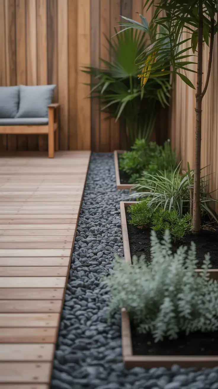 Cedar deck surrounded by textured gravel border with minimalist garden planting creating modern drainage solution