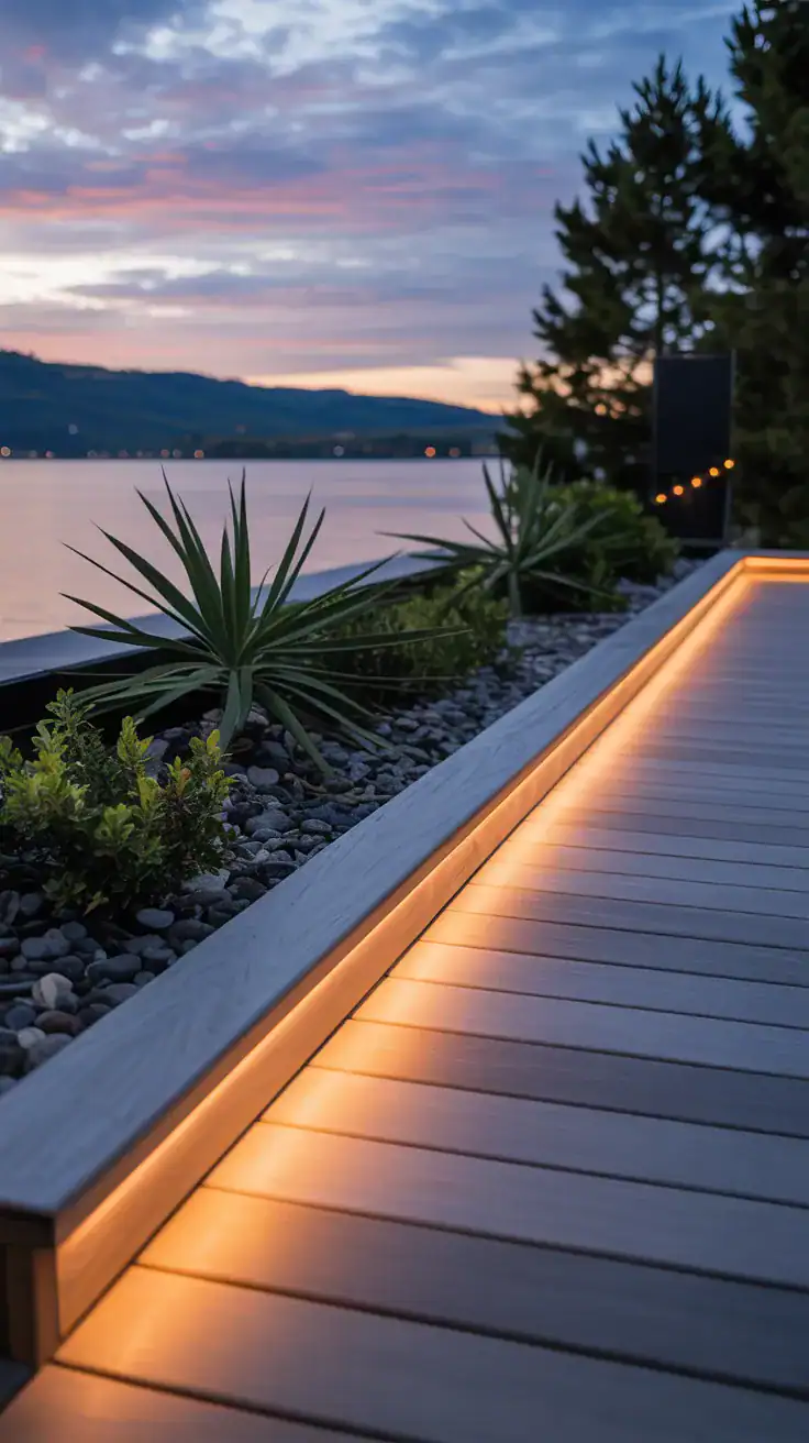 Deck edge with integrated LED strip lighting creating warm ambient glow at twilight along modern wooden deck border