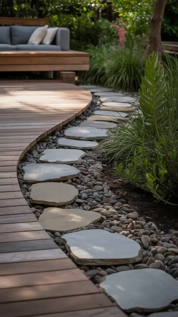 Natural stone edging around warm wood deck creating grounded landscape transition with irregular stones and garden plantings