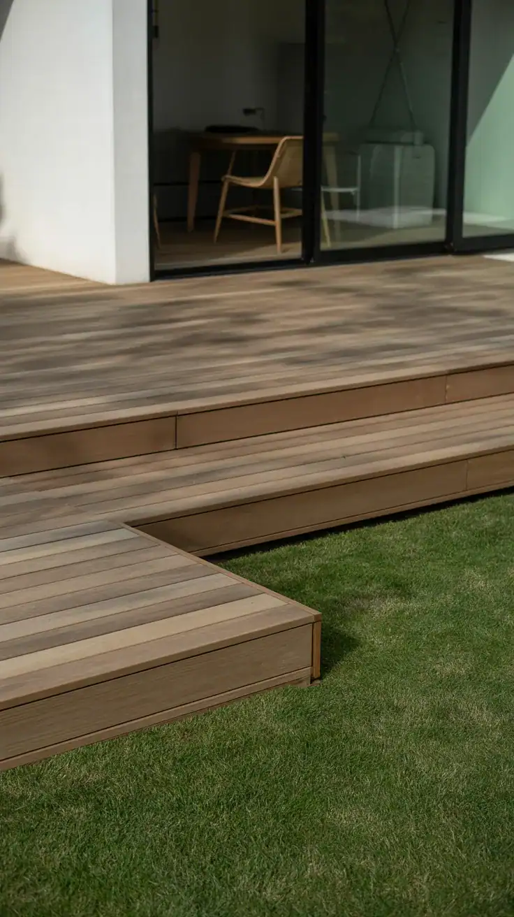 Modern low platform deck meeting perfectly manicured lawn with invisible flush transition and clean geometric lines