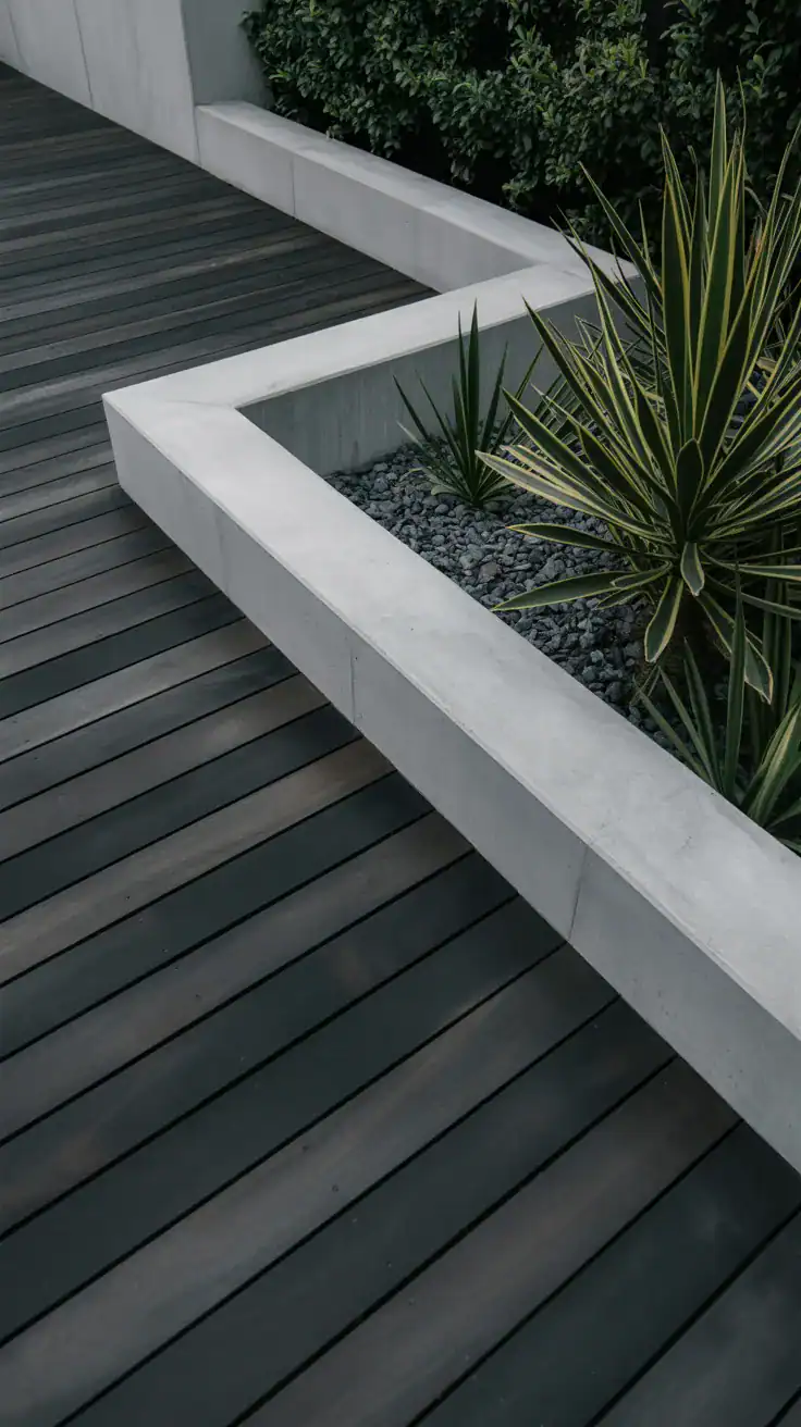 Dark wooden deck with smooth poured concrete border creating sharp architectural edge against minimalist industrial landscaping