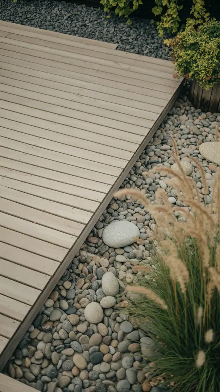 Pale wood deck bordered by smooth river rocks and ornamental grasses creating calming Scandinavian spa inspired outdoor space