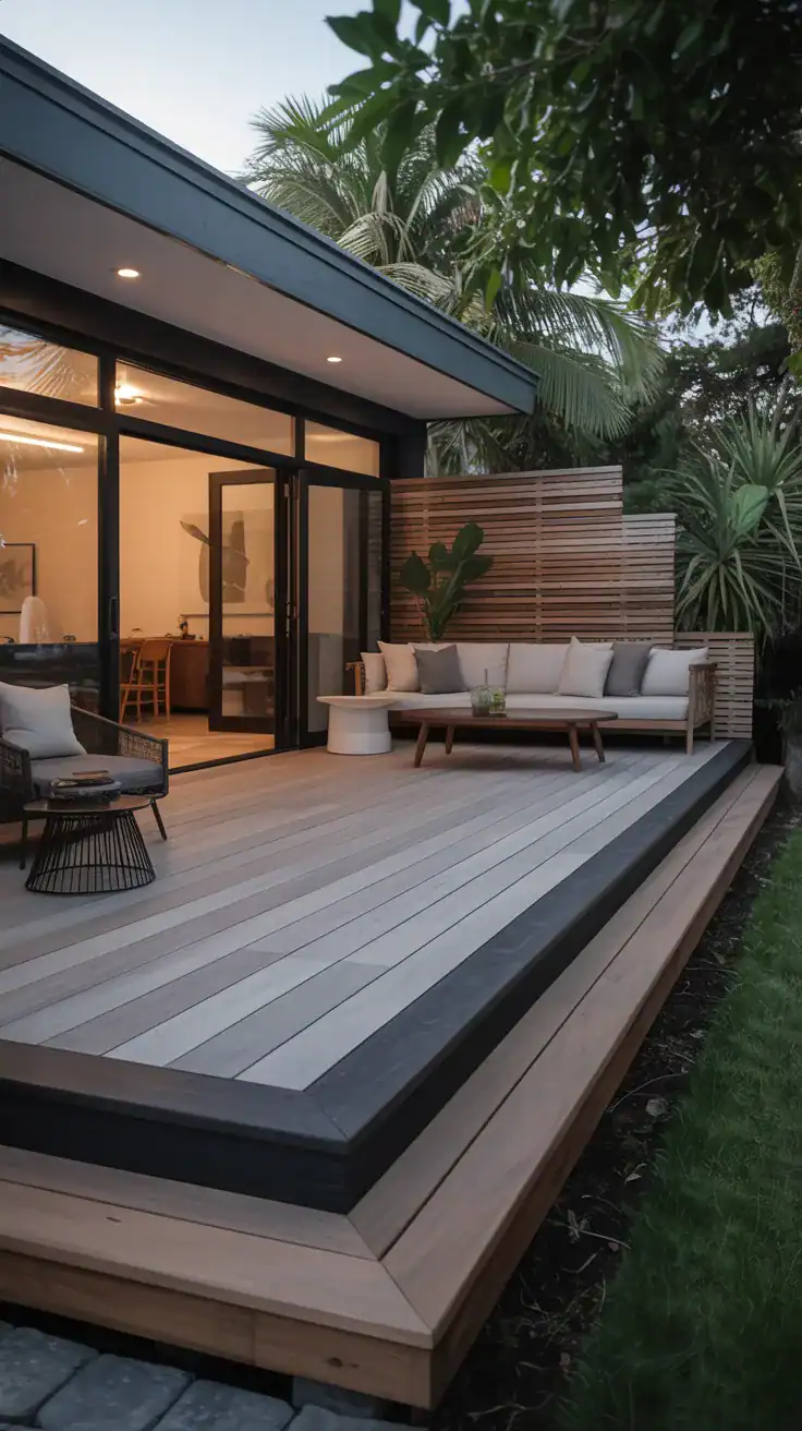 Modern deck with contrasting dark stained border frame around lighter decking creating custom visual definition