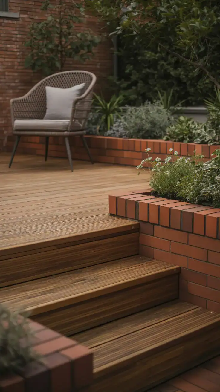 Cedar deck with warm brick edging border creating European cottage garden aesthetic with textured terracotta tones