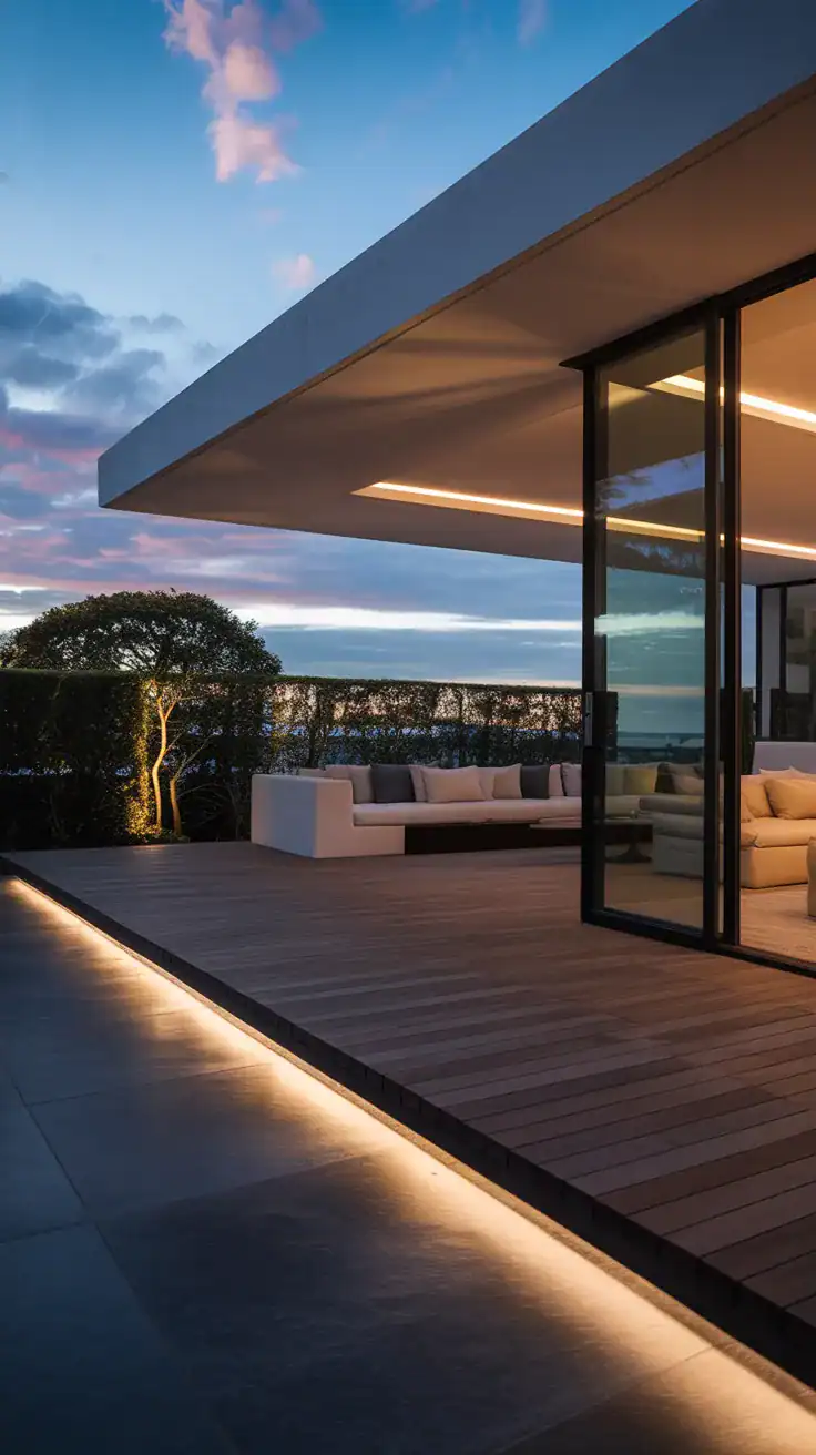 Floating dark deck with recessed shadow gap underneath creating suspended architectural effect with hidden LED lighting