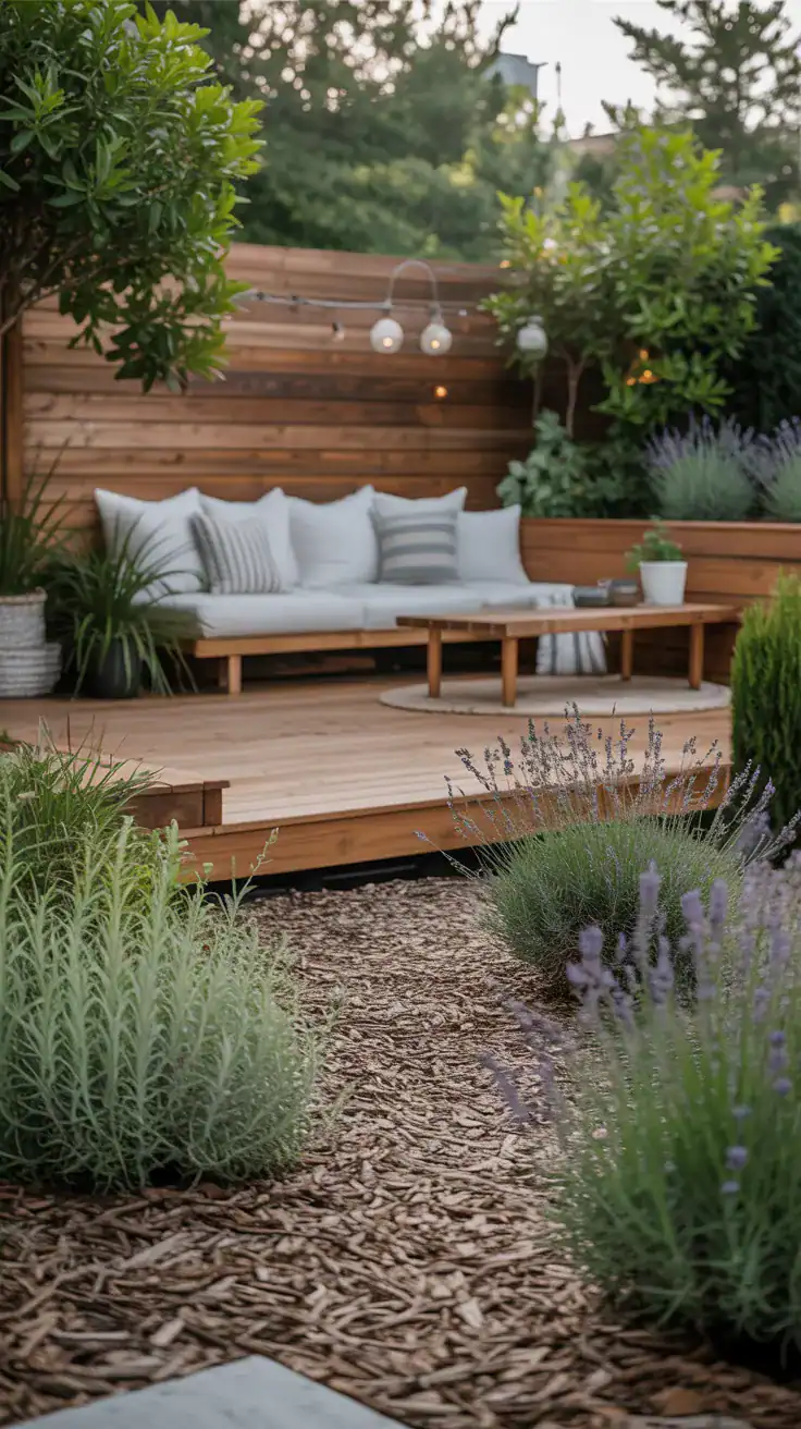 Warm wood deck surrounded by layered mulch planting beds with ornamental grasses and lavender creating peaceful garden retreat