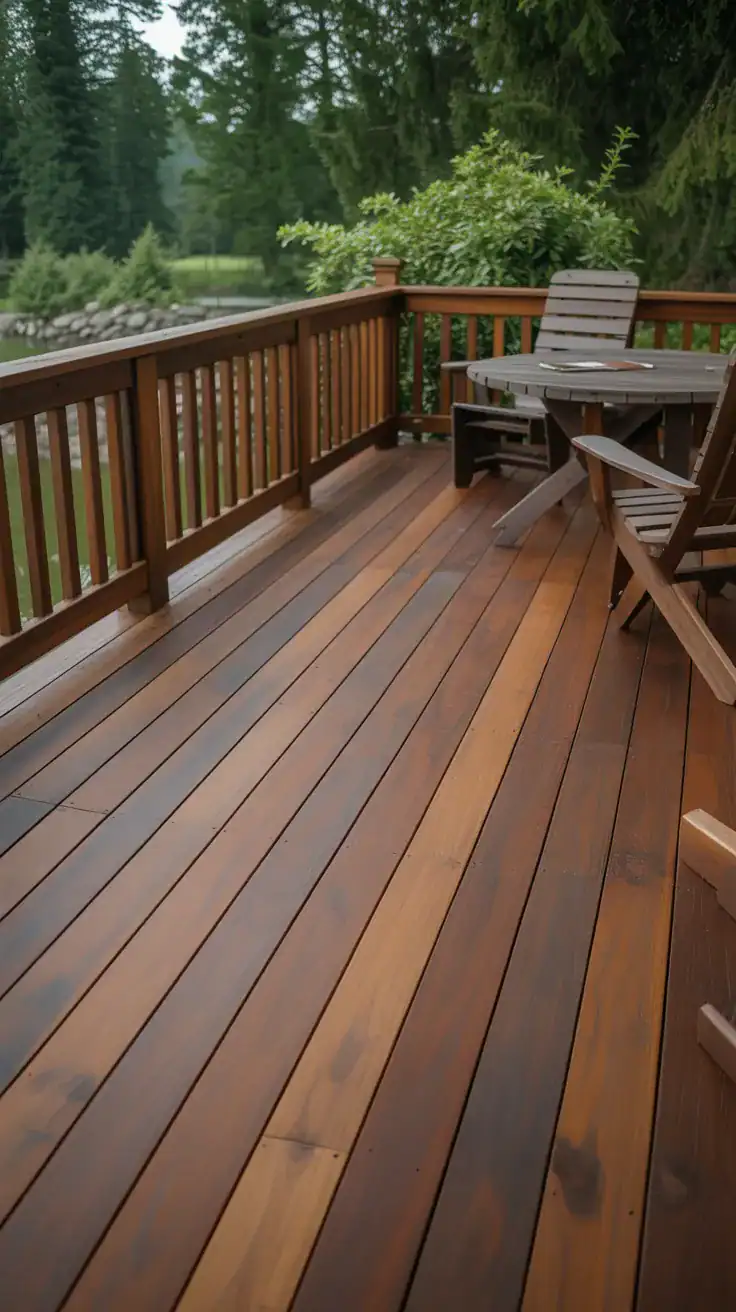 cedar deck with rich dark walnut stain showing deep brown tones and natural wood grain