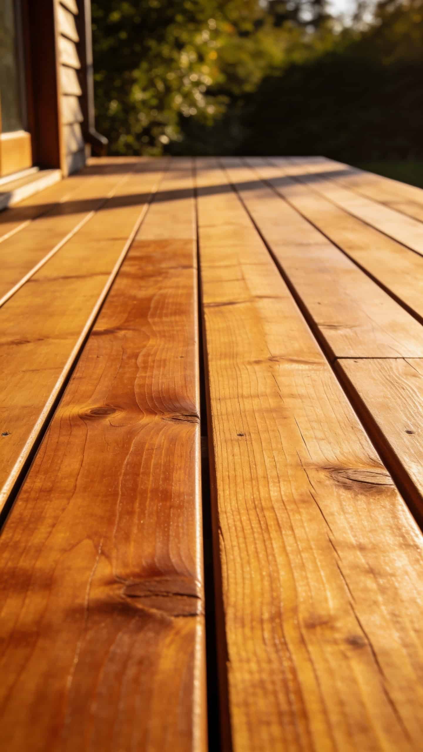 natural cedar deck with transparent stain showing honey amber wood tones
