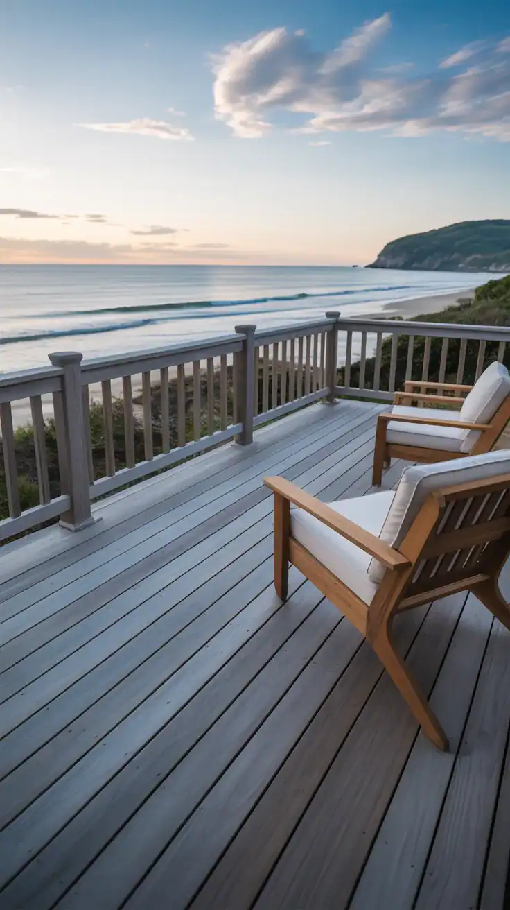 cedar deck with weathered gray stain showing soft muted coastal tones