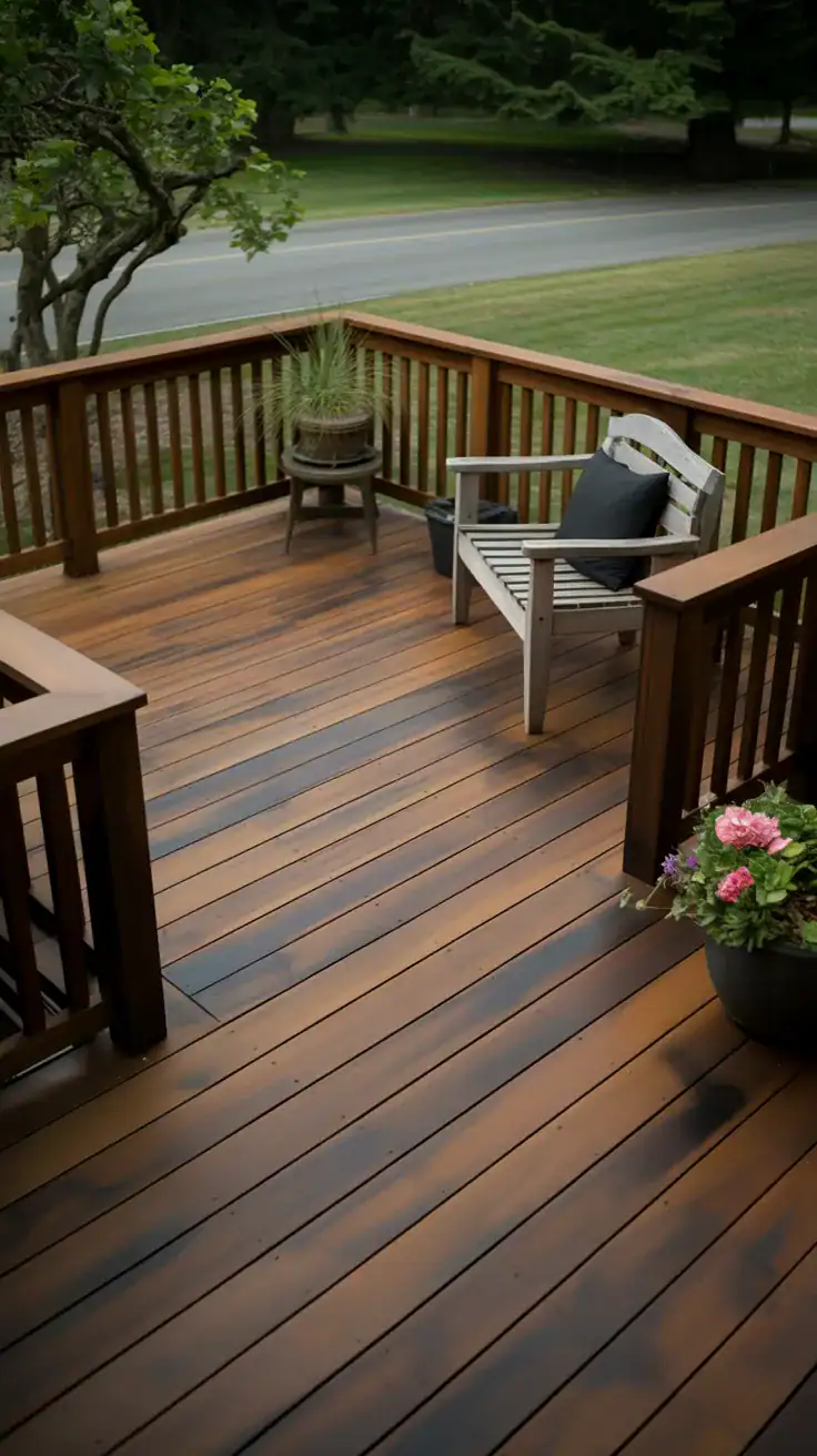cedar deck stained in rich espresso brown with dramatic dark tones
