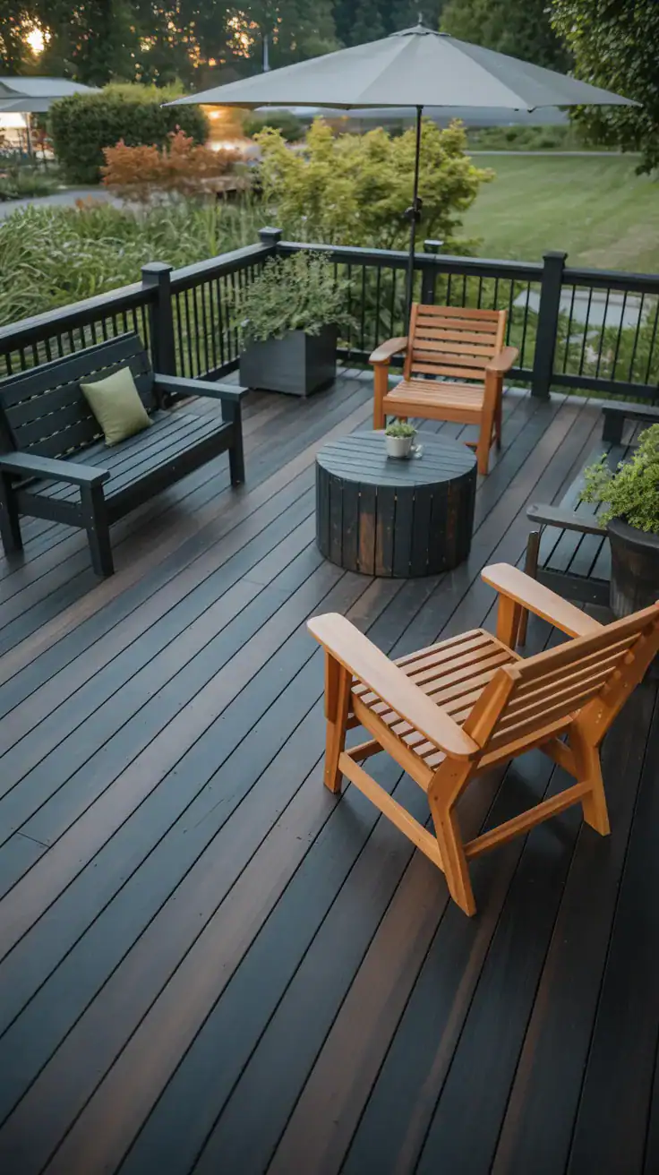 cedar deck with blackened stain showing dramatic modern dark finish