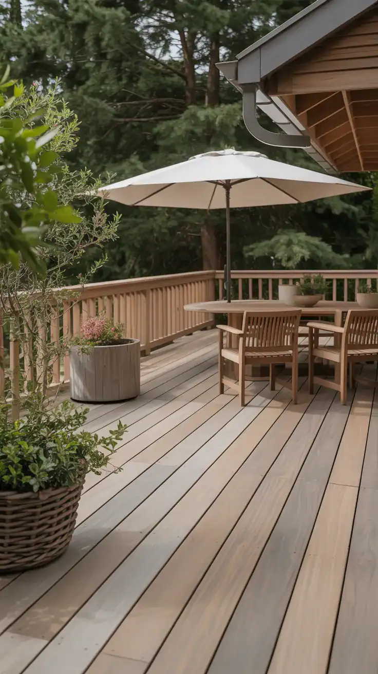 cedar deck with driftwood stain showing soft beige gray sun washed tones
