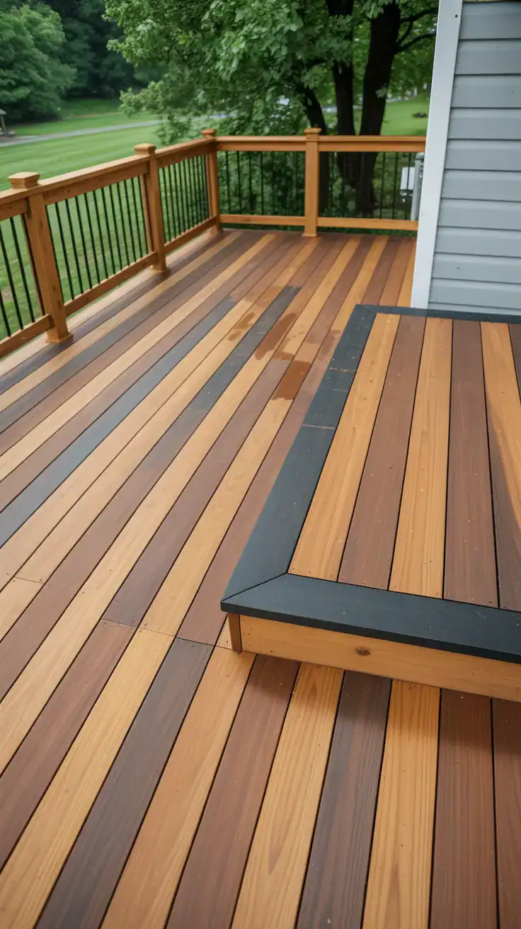 cedar deck featuring two tone stain design with contrasting border and deck boards