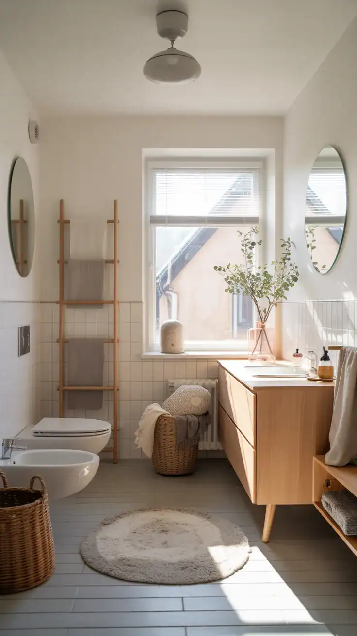Calm Scandinavian bathroom with warm white walls, pale gray accents, soft neutral decor, light oak details, and cozy natural lighting