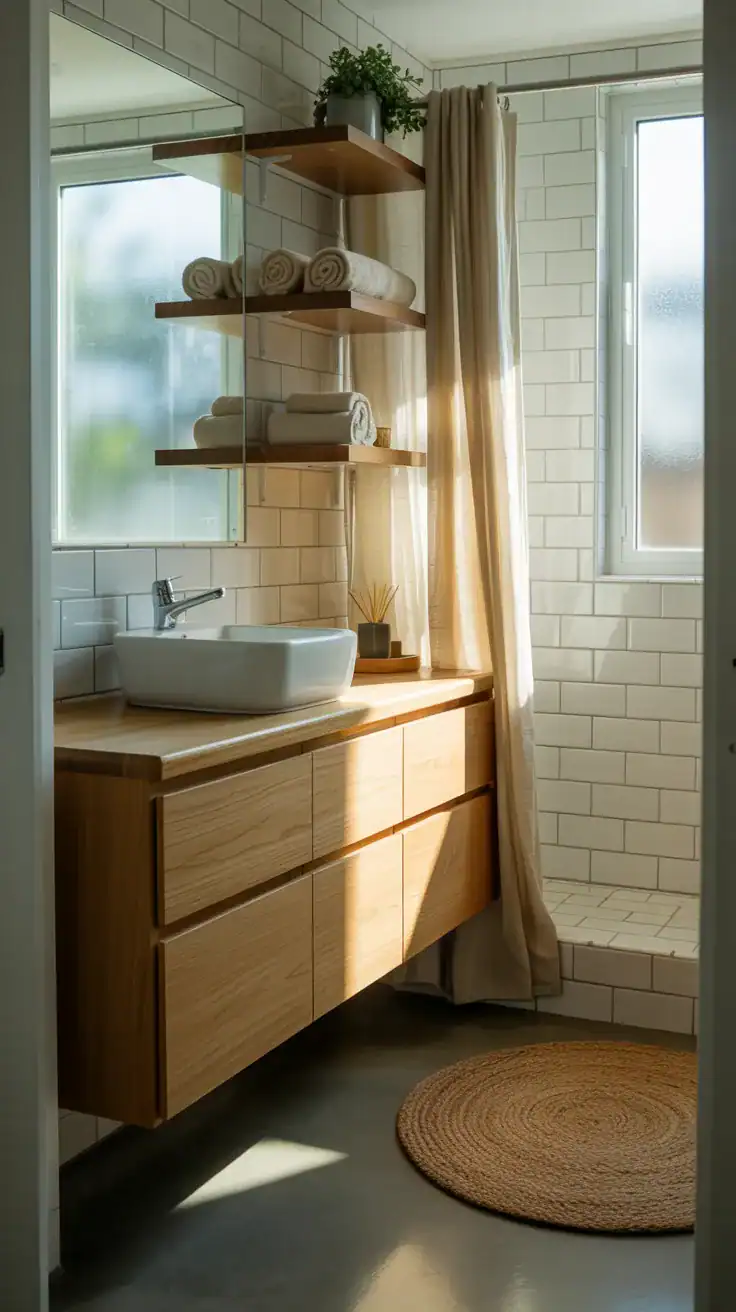 Scandinavian bathroom with light oak vanity, floating wood shelves, soft neutral decor, and warm cozy textures throughout the space
