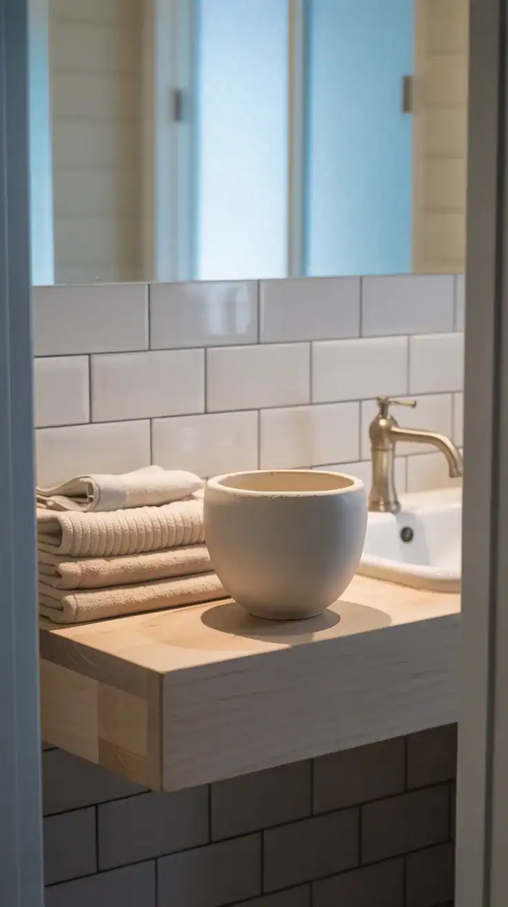 Minimal Scandinavian bathroom with clean surfaces, ceramic decor, folded towels, soft lighting, and uncluttered calming styling