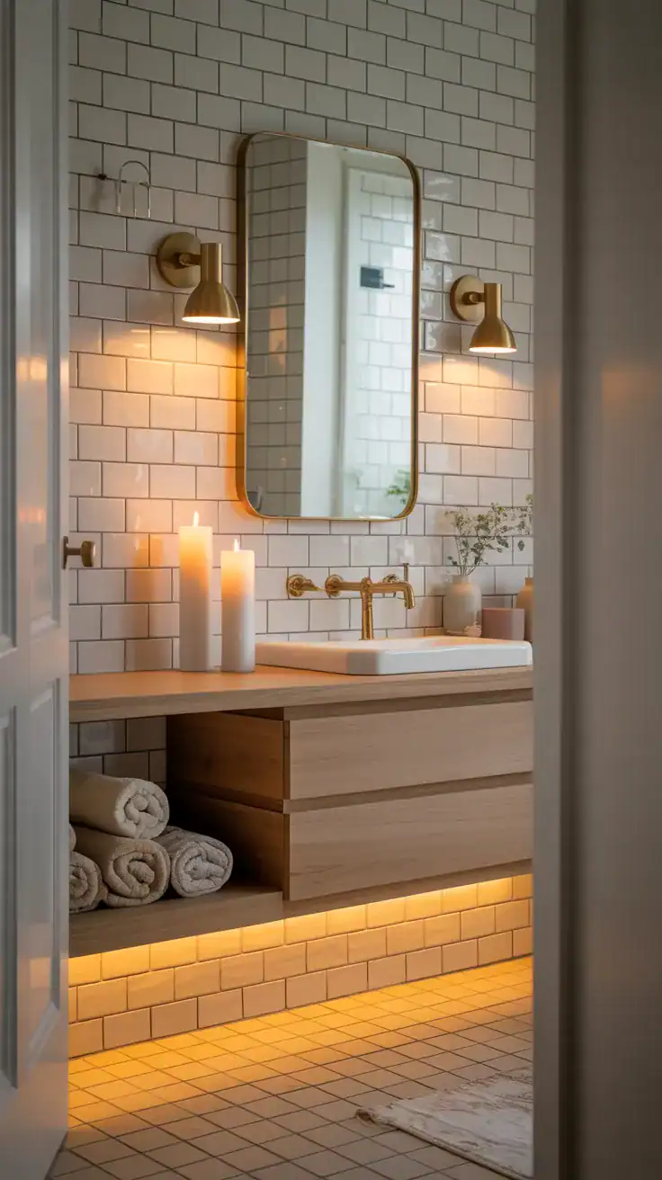 Cozy Scandinavian bathroom with layered wall sconces, warm LED lighting, candles, pale wood accents, and relaxing evening ambiance