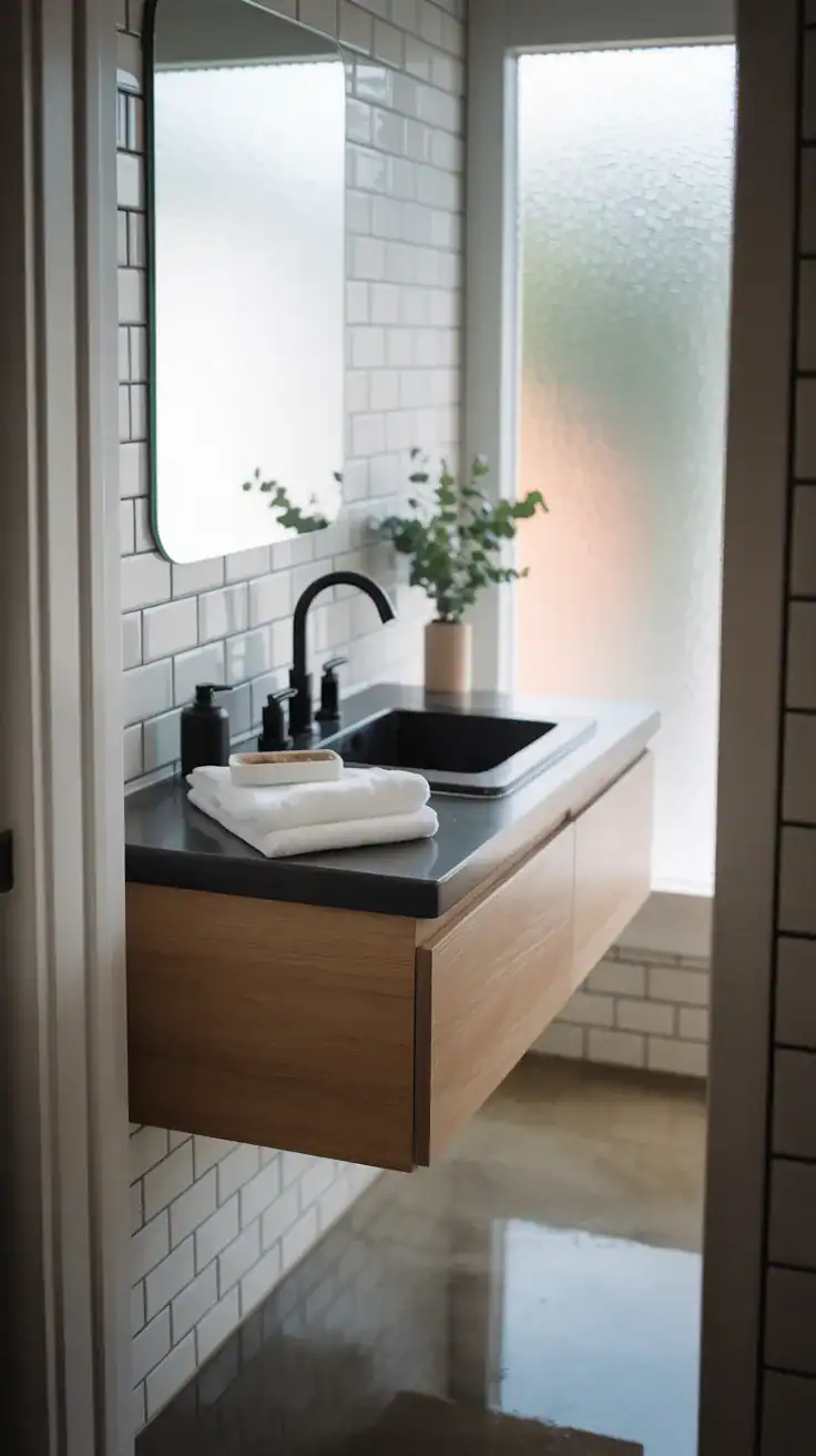 Modern Scandinavian bathroom with matte black fixtures, pale oak vanity, white tile walls, and soft minimalist styling