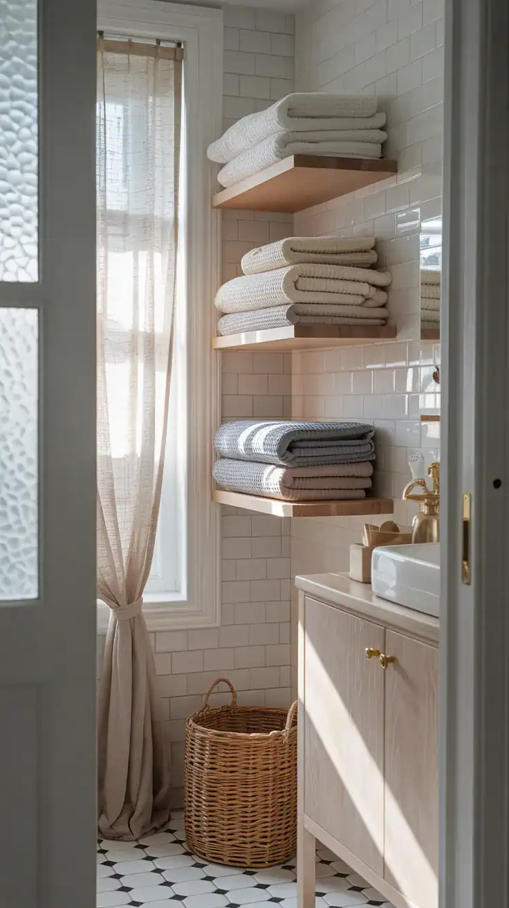 Scandinavian bathroom layered with waffle towels, linen curtains, woven baskets, pale wood shelving, and warm cozy textures