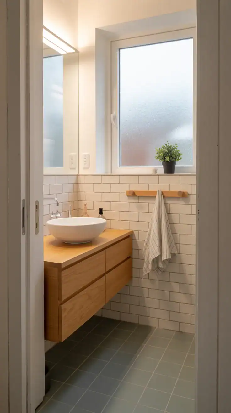 Small Scandinavian bathroom with floating oak vanity, minimal countertops, soft neutral decor, and airy uncluttered design