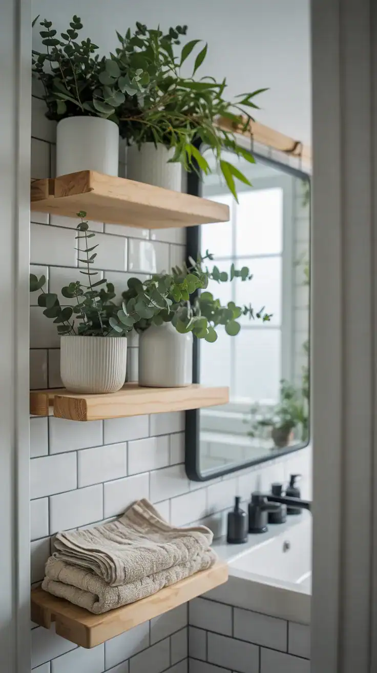 Fresh Scandinavian bathroom with eucalyptus greenery, pale wood shelves, ceramic pots, soft neutral decor, and calming spa inspired styling