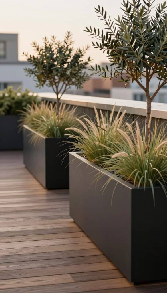 Modern deck edge with built in black planter boxes filled with ornamental grasses and olive trees creating natural privacy screen