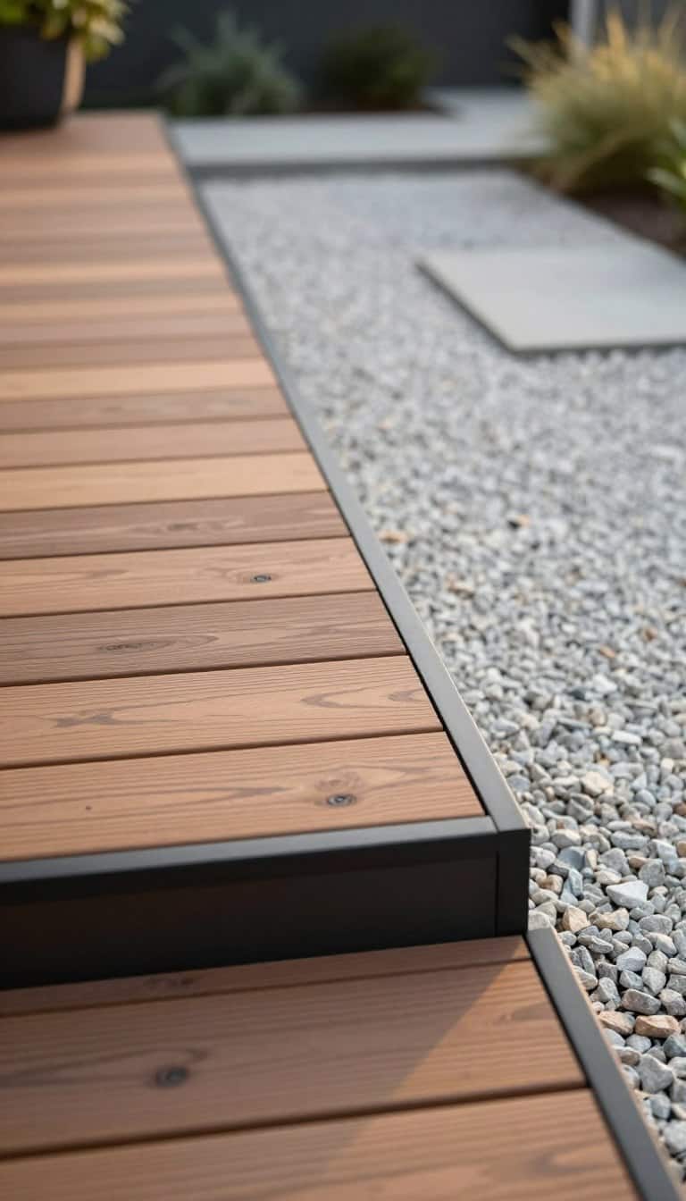 Modern deck with slim black metal edging creating clean architectural lines against wooden decking and gravel border