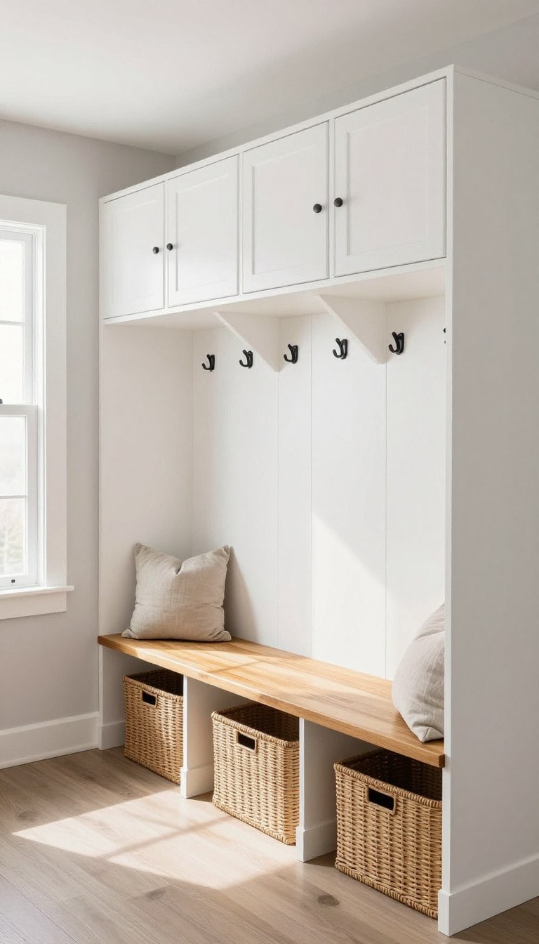 White built-in mudroom lockers with warm wood bench and individual cubbies for family organization