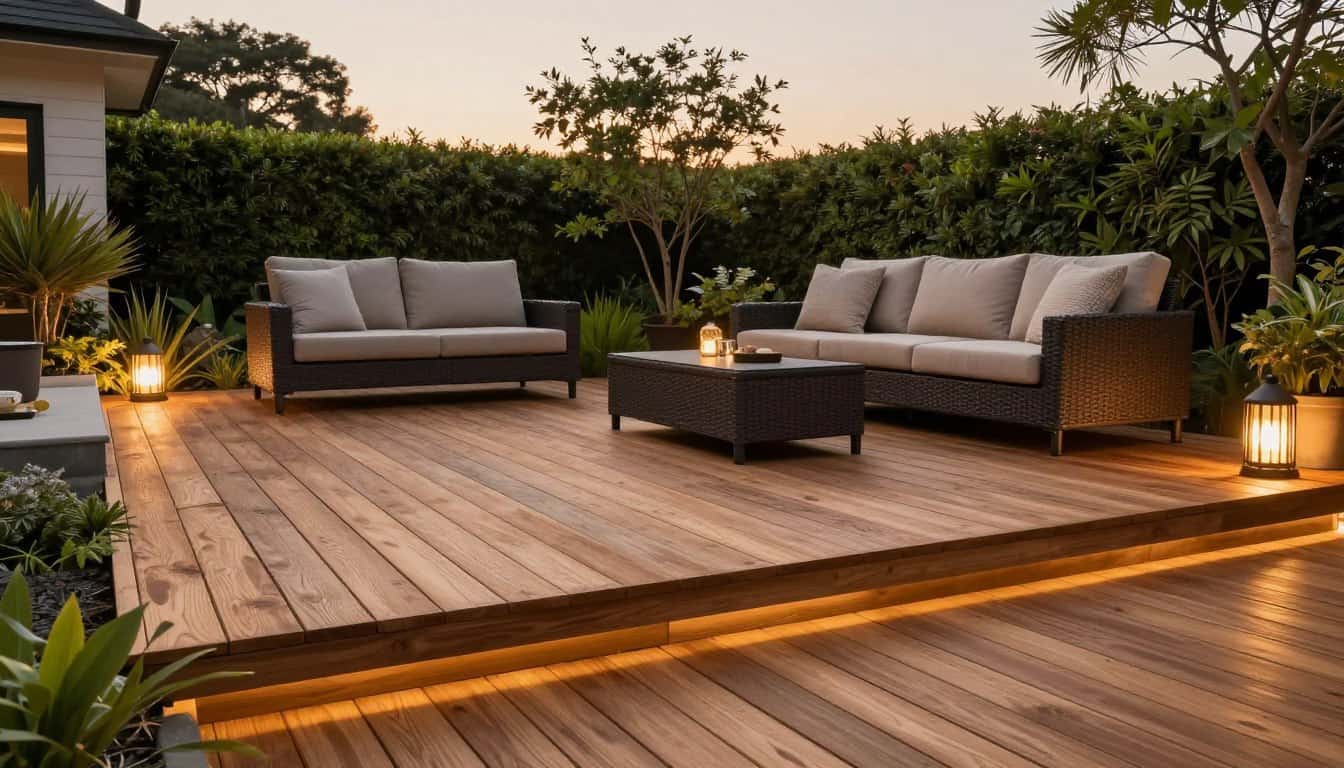 luxurious stained cedar deck with outdoor furniture in evening light