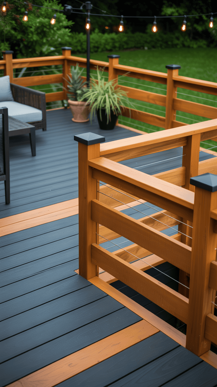 Two tone deck featuring charcoal deck boards natural cedar railings and contemporary outdoor styling