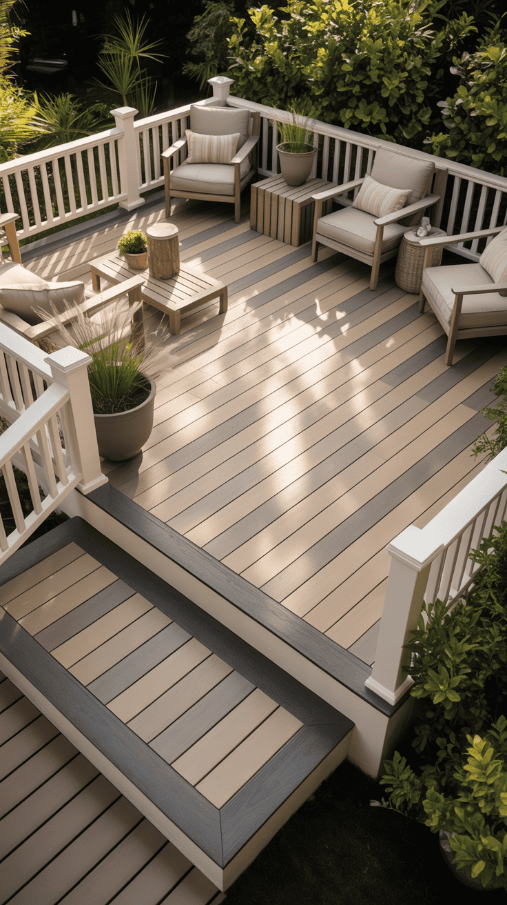 Greige two tone deck with white trim accents and elegant outdoor styling