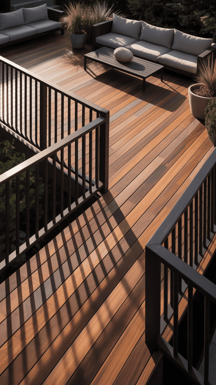 Warm brown deck with black railings creating a stylish modern outdoor design