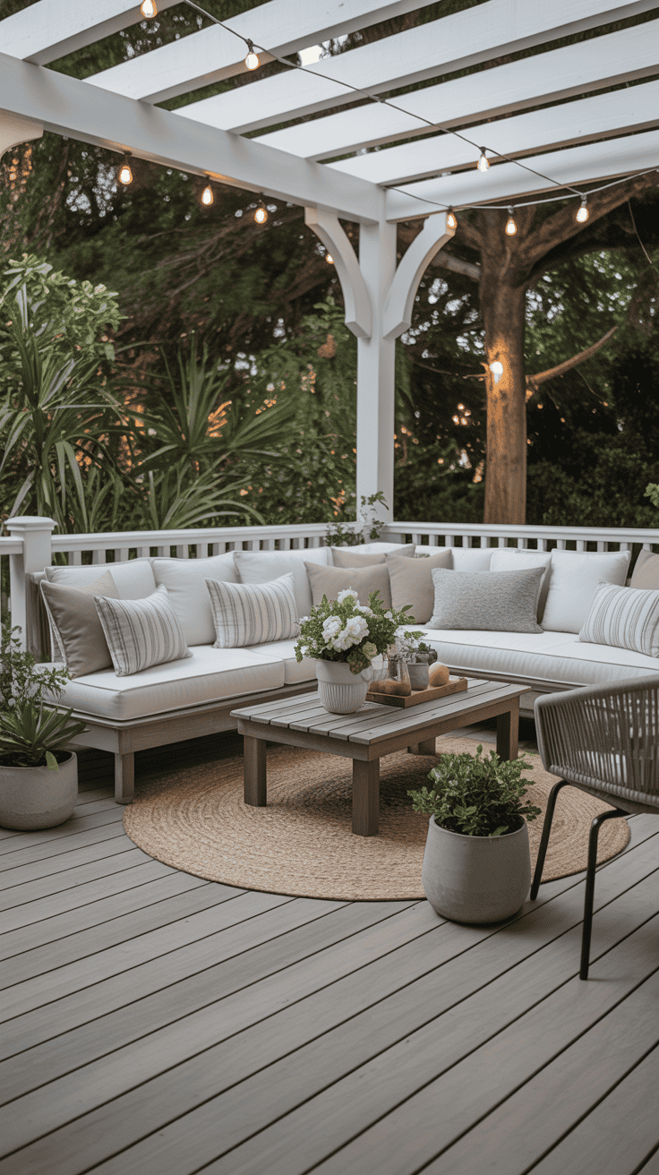 Greige two tone deck with white trim accents and elegant outdoor styling