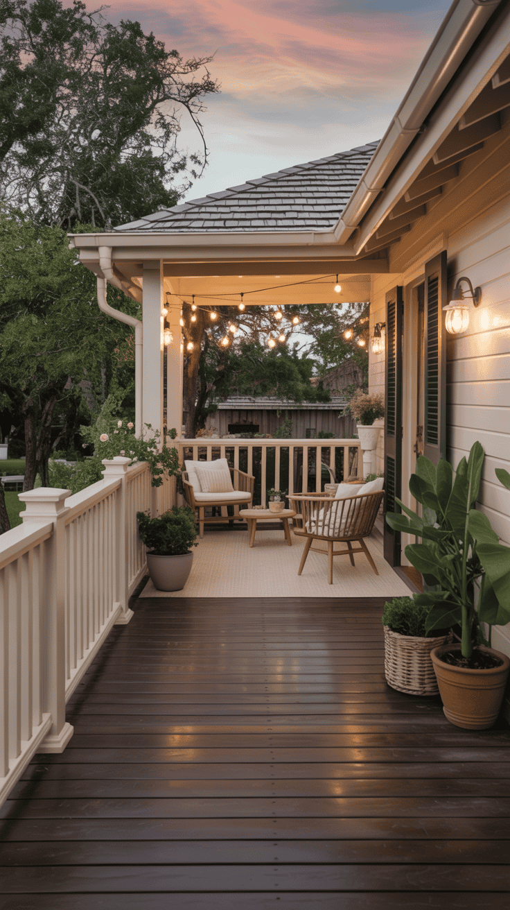 Espresso brown deck with cream railings and warm farmhouse inspired outdoor design