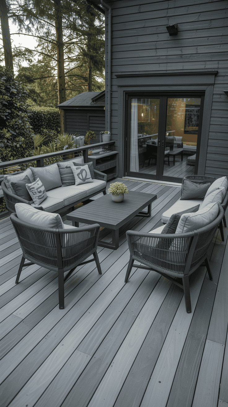 Weathered gray deck with black accents creating a stylish and modern outdoor living space