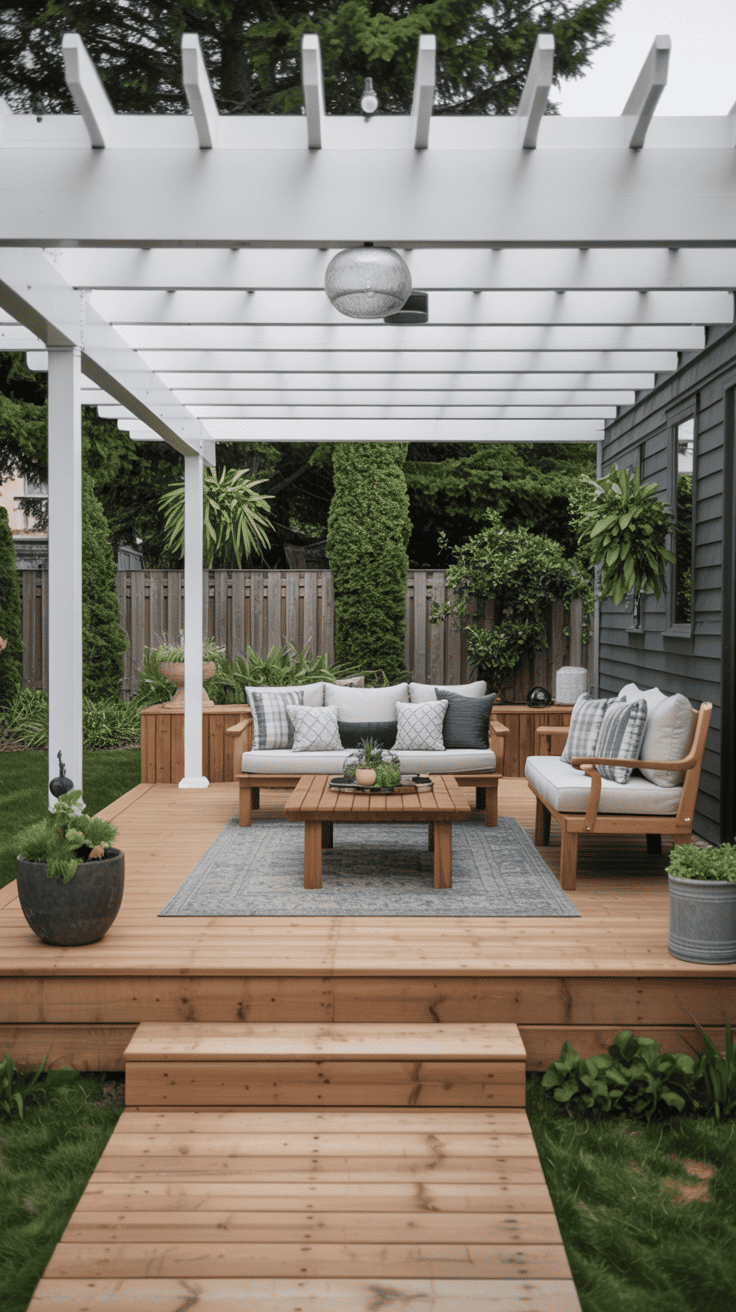 Natural cedar deck paired with a white pergola creating a bright designer outdoor space