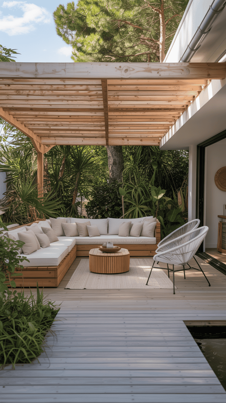 Light gray deck with natural wood accents creating a fresh contemporary outdoor design