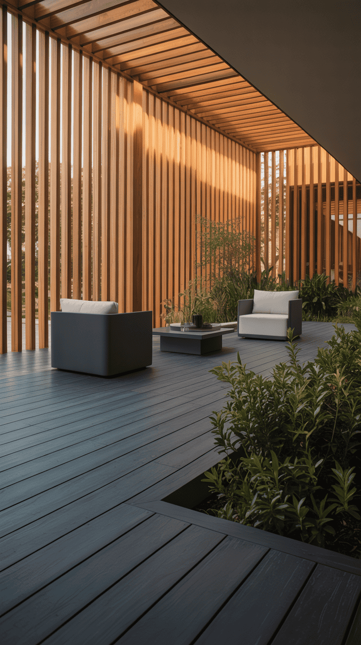 Black deck boards paired with natural wood privacy screens creating a modern outdoor retreat